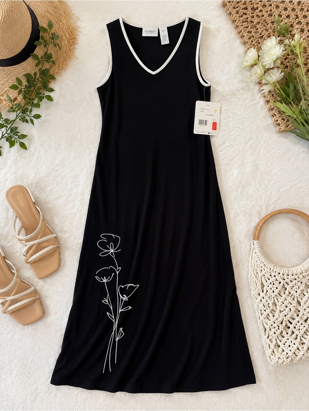 NWT Liz Claiborne Petite Black‎ Mercerized Cotton Maxi Dress Floral Hem P